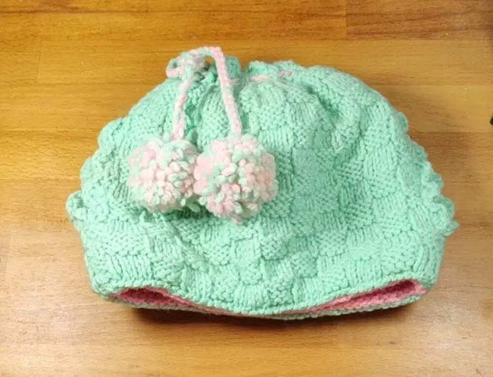 Vintage Knitted Medium Size Teapot Cozy Warmer Green & Pink with Pom Poms